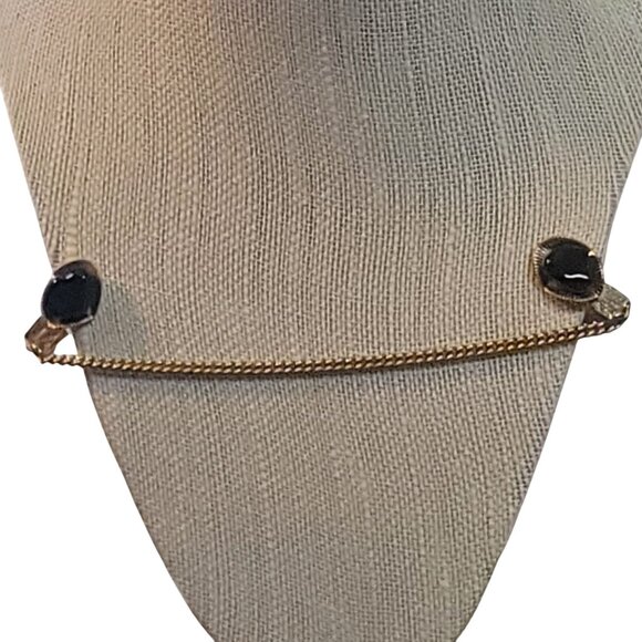 Vintage Gold Tone Sweater Guard Clip Black Stone Chain Retro Mid-Century Jewelry - Picture 3 of 10